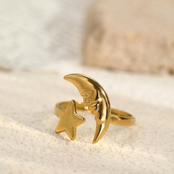 The Colourful Aura Boho Celestial Moon and Star Ring Adjustable Gold/Silver