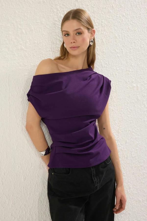 Hoxton Gal Draped, Gathered Detail Knit Blouse with Asymmetric Neckline