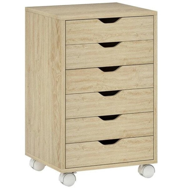 6 Drawer Vertical File Cabinet, Mobile Filing Cabinet with Quiet Drawers and Wheels with 2 Brakes, Oak Wood Effect