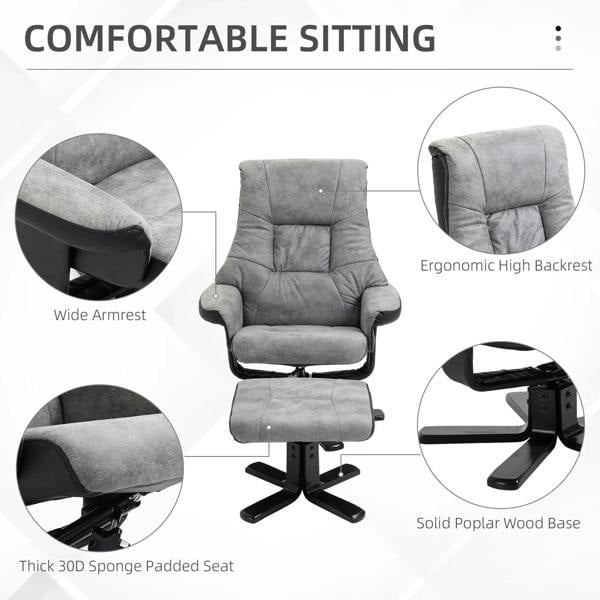 Grey fabric swivel recliner chair with footstool, padded back and arms, black base.