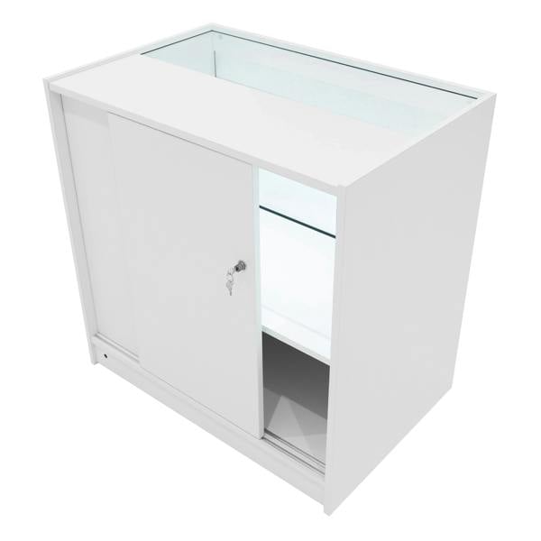 White Andromeda LED shop counter set with sliding glass doors, showcasing a sleek design and illuminated interior shelves