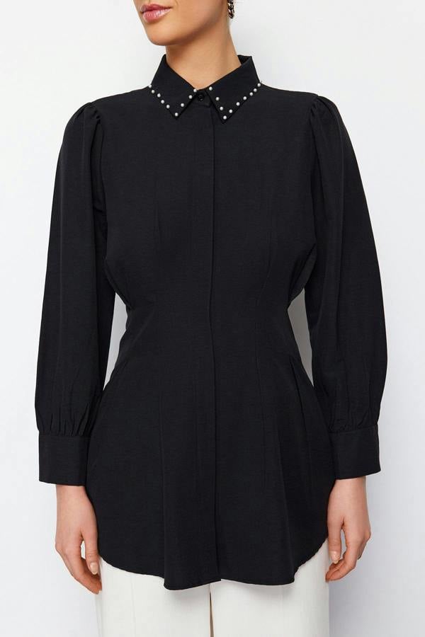 Pearl Detail Fitted Long Sleeve Shirt