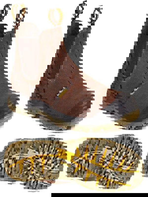 DeWalt Nitrogen Mens S3 Dealer Pull On Ankle Steel Toe Boots, brown leather work boots with slip-on design and steel toe cap, with rugged tread outsole featuring yellow accents for enhanced traction.