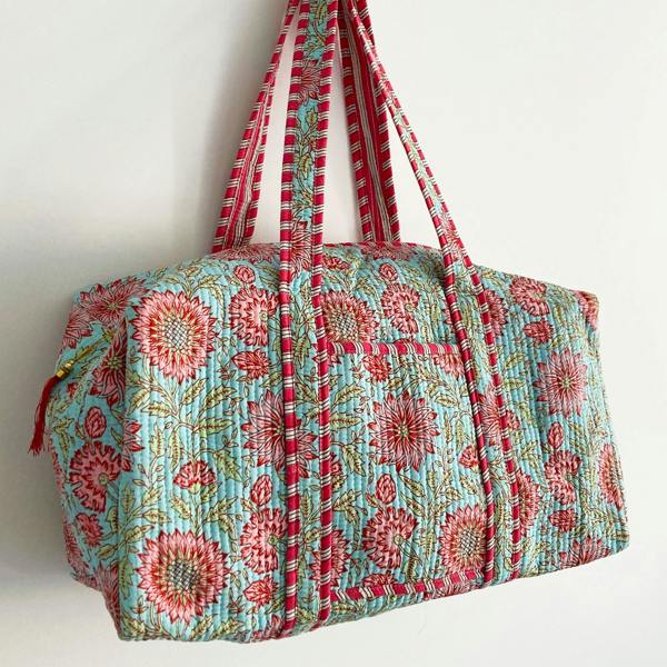 Hayley & Co Blue and Pink Floral Cotton Quilted Weekend Duffle Bag