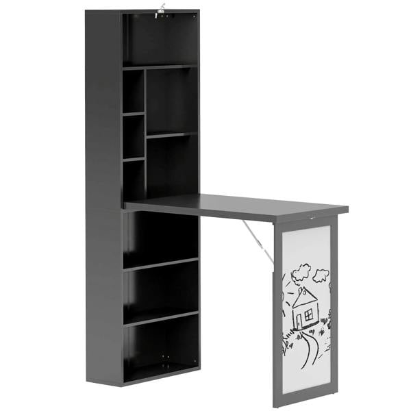 Three-part work desk with open vertical storage and writing board, black
