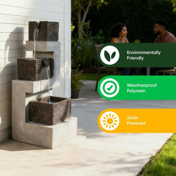 Gardenwize Solar Water Feature – Stacked Blocks Fountain with LED Lights & Battery Backup
