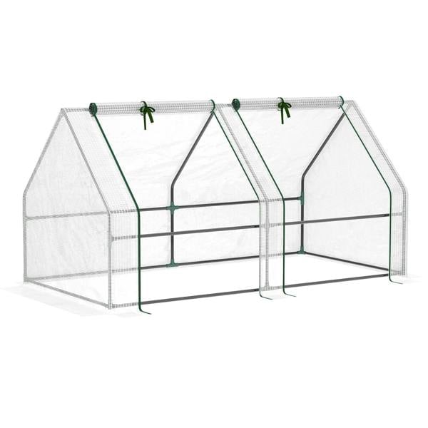 Mini greenhouse with white steel frame and transparent PE cover, roll-up front door