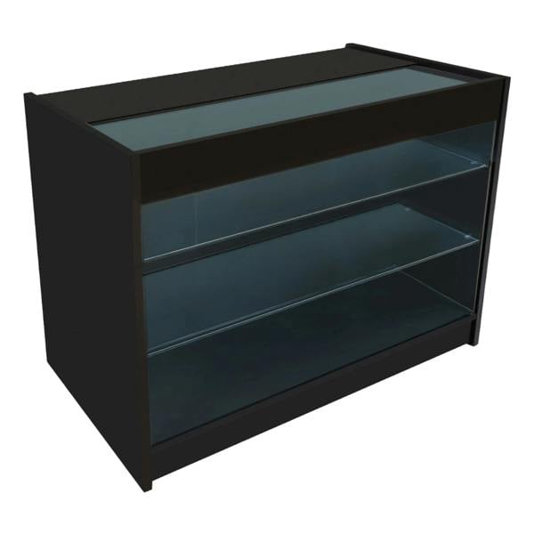 Vega LED Shop Counter Set in black, featuring a sleek design with glass shelves and a top display area for showcasing products
