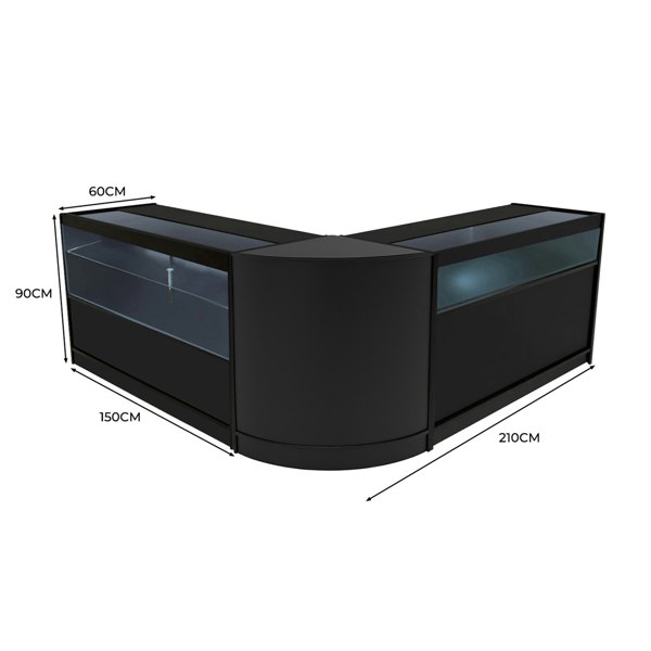 Black Adonis LED Shop Counter Set featuring sleek glass display sections, curved design, and precise measurements for retail spaces
