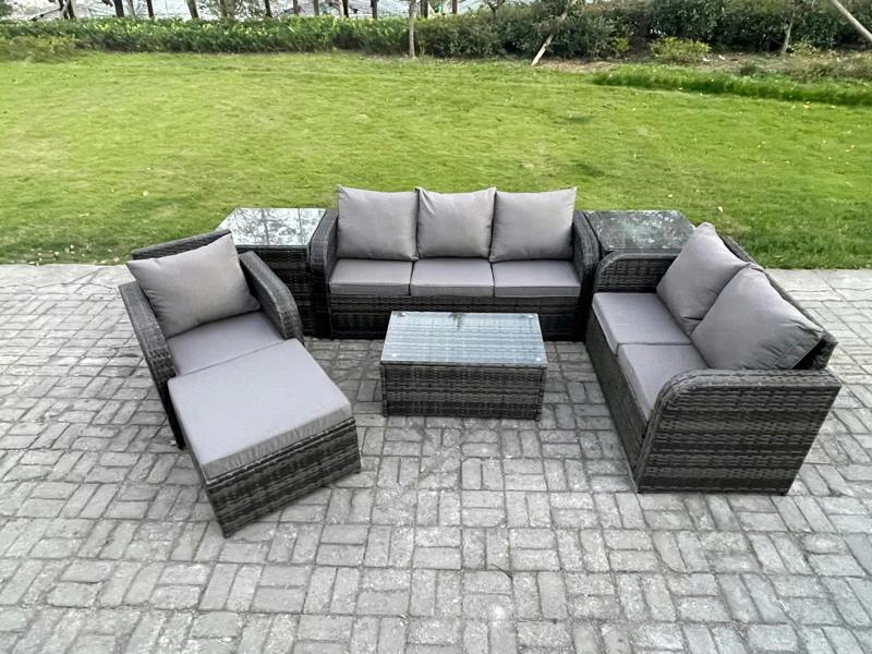 Fimous 7 Seater Patio Sofa Set, Wicker Garden, Coffee Table, Reclining Chair, 3 Seater Sofa, 2 Side Tables and Big Footstool, Dark Grey Mixed