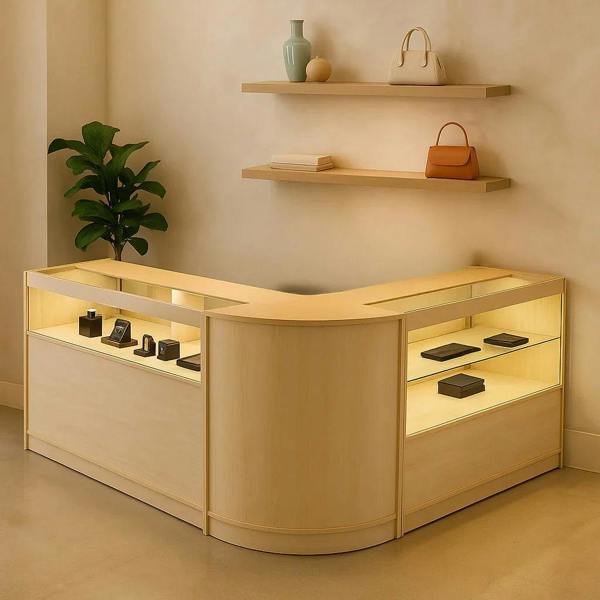Adonis LED Shop Counter Set in maple features a sleek, curved design with illuminated display shelves and a modern aesthetic