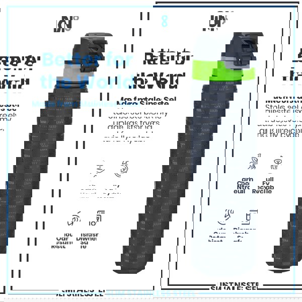 A stainless steel water bottle sits against a white background. The bottle is dark gray with a lime green band and features embossed text. Marketing materials highlight its durability, recyclability, and other features.