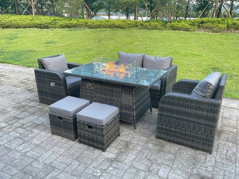 Fimous 6-Seater Rattan Outdoor Gas Fire Pit Lounge Set | Reclining Chairs, 2-Seater Sofa, Footstools | Dark Grey