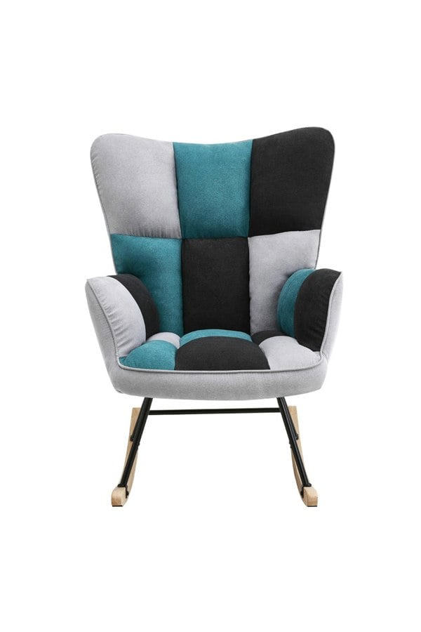 Living and Home Blue Grey Black Check Tufted Linen Patchwork Rocking Chair