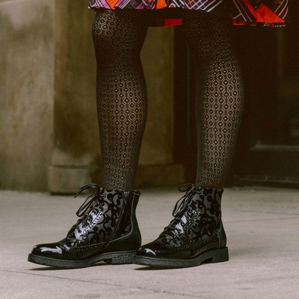 Embassy London Hatter - Black Floral - Women's zip up and lace up ankle boot with brogue styling