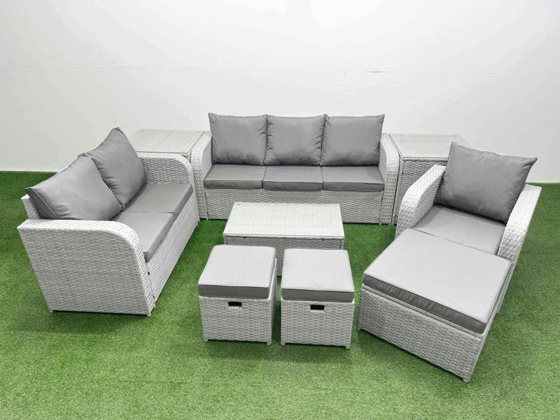 Fimous 9 Seater Outdoor Sofa Set, PE Wicker Rattan, Coffee Table, Reclining Chair, Loveseat, 3 Seater Sofa, Stool and 2 Side Tables, Light Grey