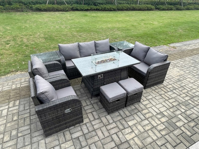 Fimous Rattan Outdoor Garden Furniture Set with Gas Fire Pit Table, 2 Sofas, 2 Chairs, 2 Side Tables, 2 Small Footstools - 9 Seater - Dark Grey