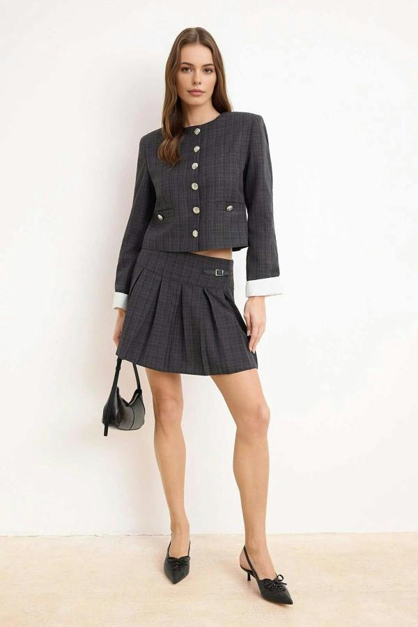 WOVCOR Plaid Leather Accessory Detail Pleated Mini Skirt