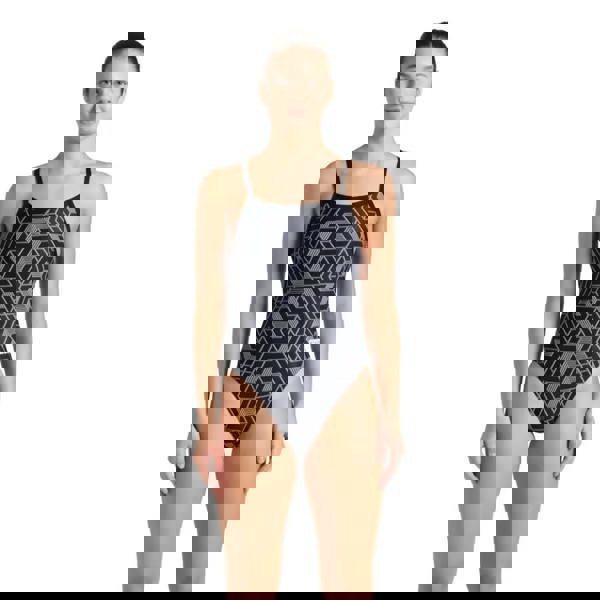 Black and gray geometric Arena Escape Challenge one-piece swimsuit