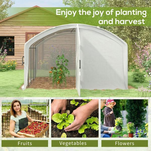 White walk-in greenhouse with open front door and arched metal frame