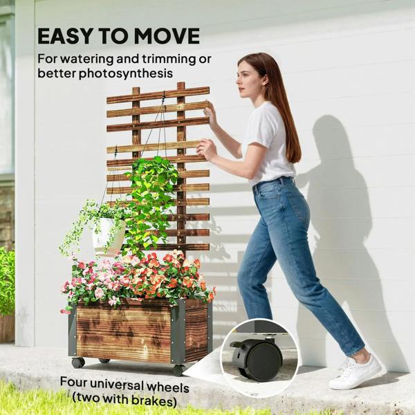 Carbonised wooden raised planter box with lattice trellis and four caster wheels