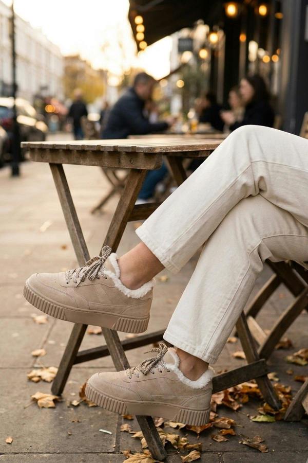 Leiza Chunky Lace Up Faux Fur Trainers - Beige