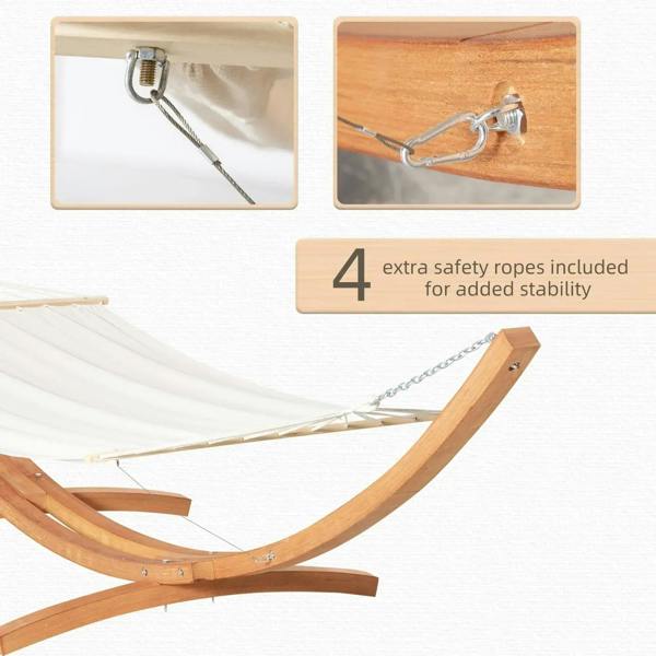 White hammock swing with wooden stand, extra safety ropes and metal clips