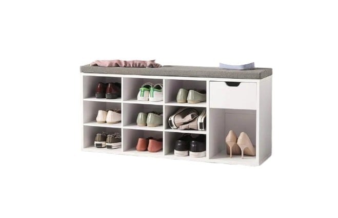 Modcraft Shoe Storage Bench with Cushion, Drawer & Open Compartments for Hallway and Bedroom