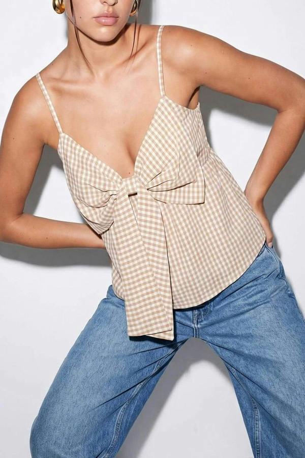 Bow Neck Strappy Woven Blouse