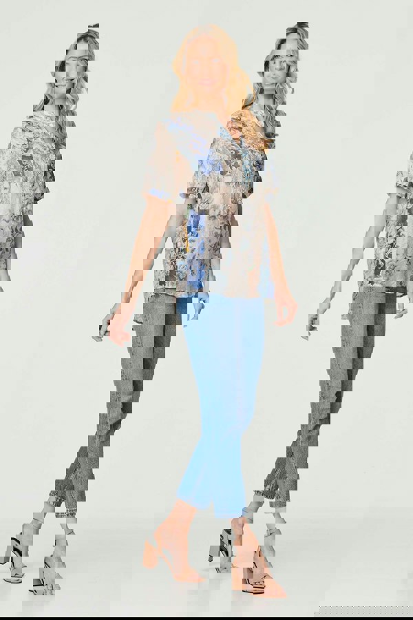 Blue | Floral Collarless Short Sleeve Blouse
