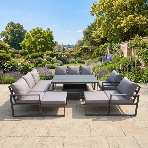 Fimous 10 Seater Aluminium Garden Furniture Set with Adjustable Rising Dining Table, 2 Sofas, 2 Footstools - Dark Grey
