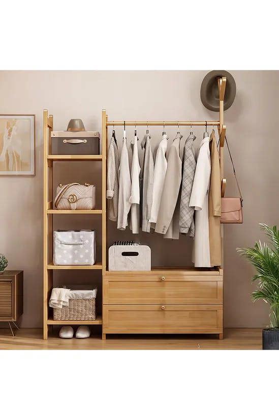 Living and Home Freestanding Bamboo Clothes Rack Garment Rack with Storage Shelves Coat Hanger
