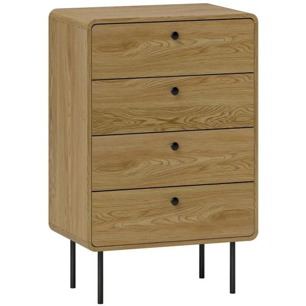 Modern 4-drawer oak chest with rounded knobs and slim black legs