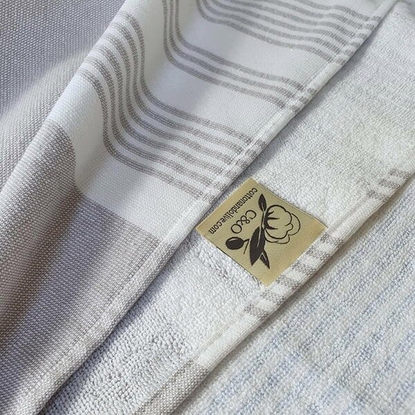 Cotton and Olive Meridien Cotton Bath Towel, Double-Faced | SECONDS - Taupe Stripes on White