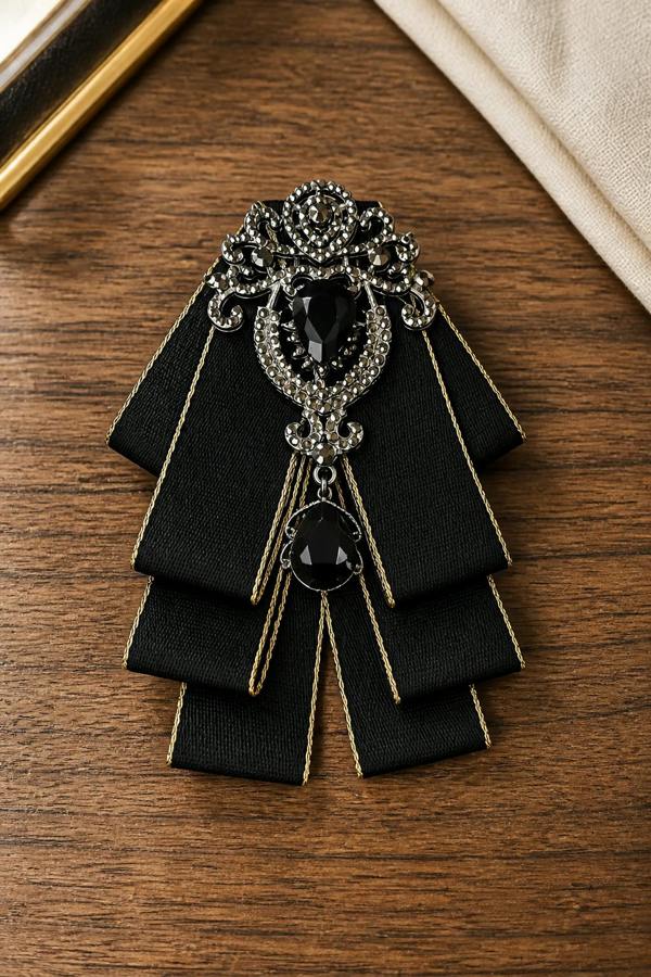 Pamoni Bold Black Ribbon Bow Tie with Statement Gemstone Brooch