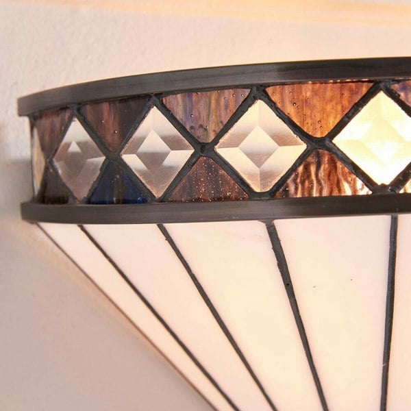 Tiffany Glass Wall Light Rich Cream & Diamond Trim Shade Interior Sconce i00247 Loops