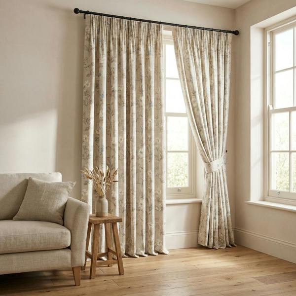 Faro made-to-measure curtains in Muscari, styled in a living room