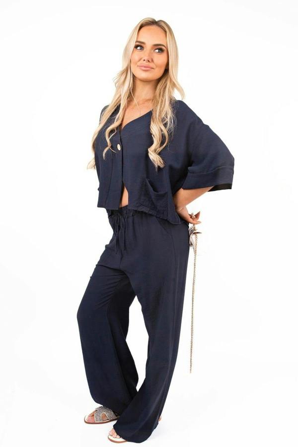 Lyssa Button Front Wide Sleeve Top And Trouser Co-ord Set - Navy