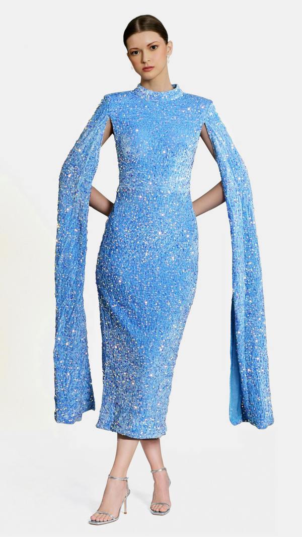 LuvForever Meraki - Sky Blue Cape Sleeve Sequin Midi Dress