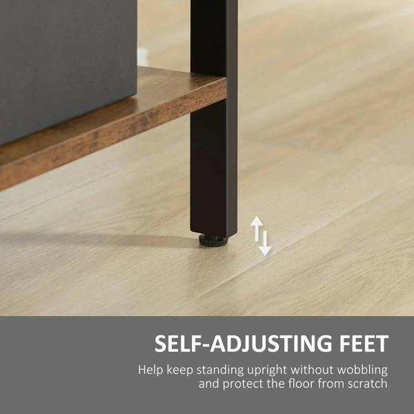 Close-up of adjustable feet at the bottom of a black metal and rustic brown bookcase frame.