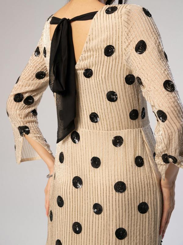 Rose & Nancy Merrin Ivory Polka Dot Hand Beaded Midi Dress