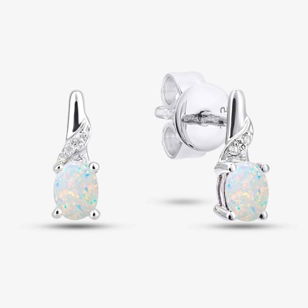 T. H. Baker 9ct White Gold Oval Opal & Diamond Twist Stud Earrings DE1612WOP