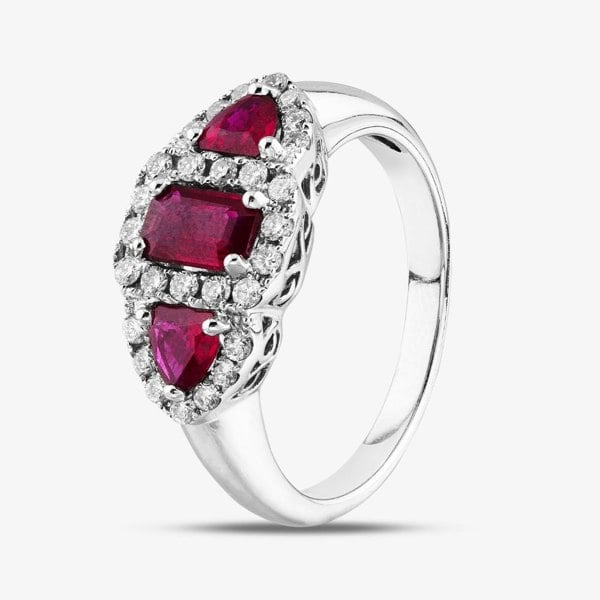 T. H. Baker 18ct White Gold Emerald & Trillion Cut Ruby & Brilliant Cut Diamond Trilogy Cluster Ring 18DR375-RUBY N