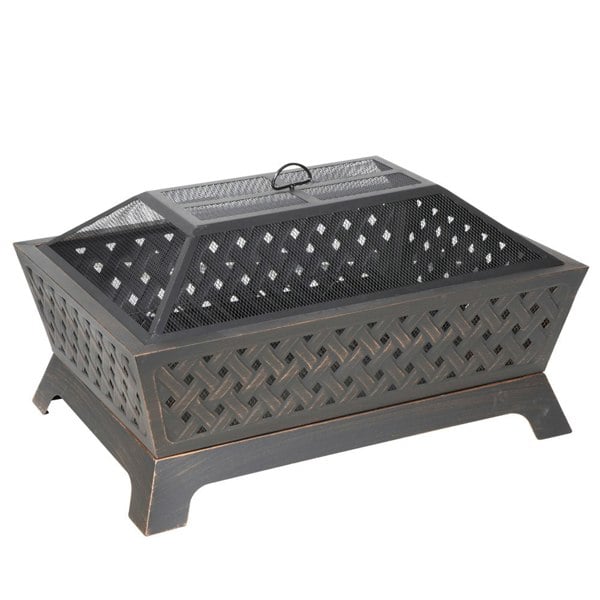 Rectangular Black Fire Pit Wood Burner - Modern Outdoor Garden Heater Mesh Lid - LoopsDirect