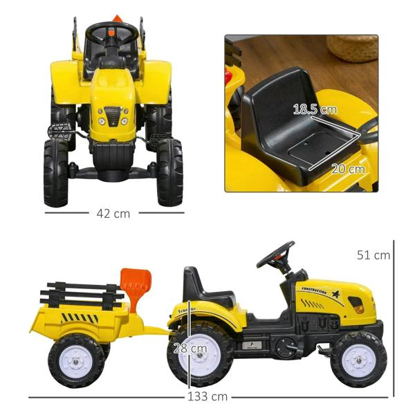Yellow ride-on tractor toy with accessory trailer shown with size measurements