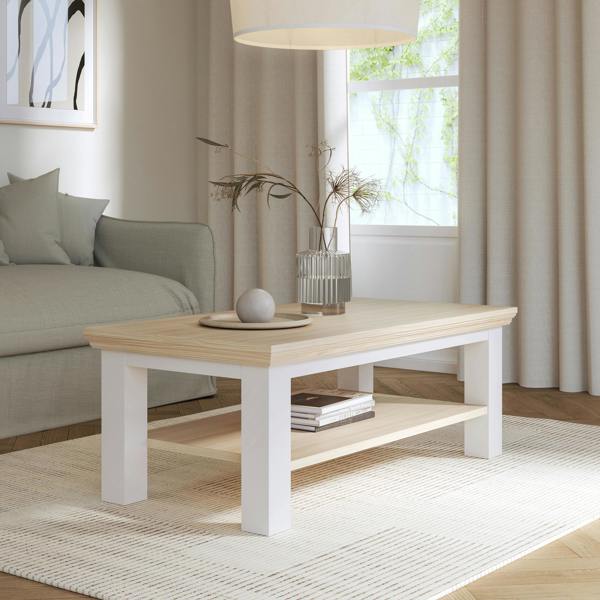 Furniture To Go Pontypool Large Rectangular Coffee Table with Shelf in White and Riva Oak