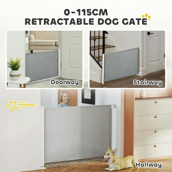 Grey retractable dog gate for doorway and stairway with mesh barrier