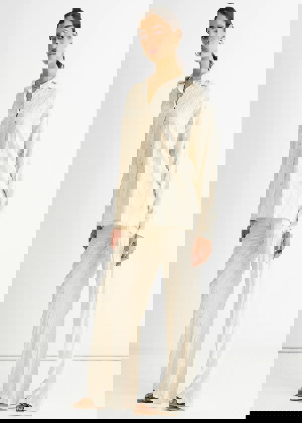 Gini London Beige Textured Oversized Long Sleeves Shirt