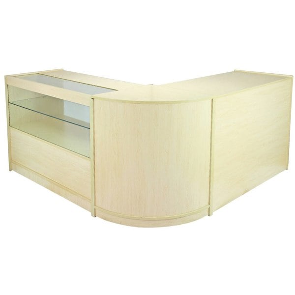 Draco A1200, C1200, CM60 Maple display counter with a smooth light maple finish, curved edges, and glass shelving for product visibility
