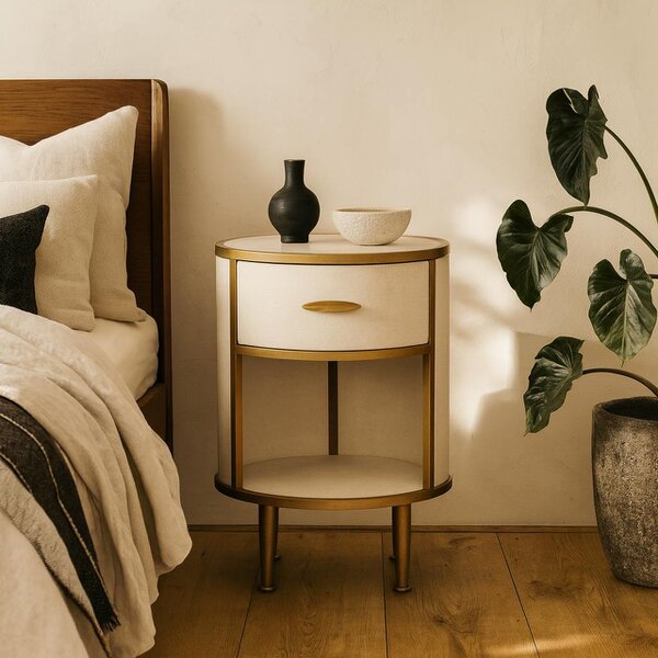 Wyld Haus Treviso Ivory Faux Shagreen Round Bedside Table with Drawer